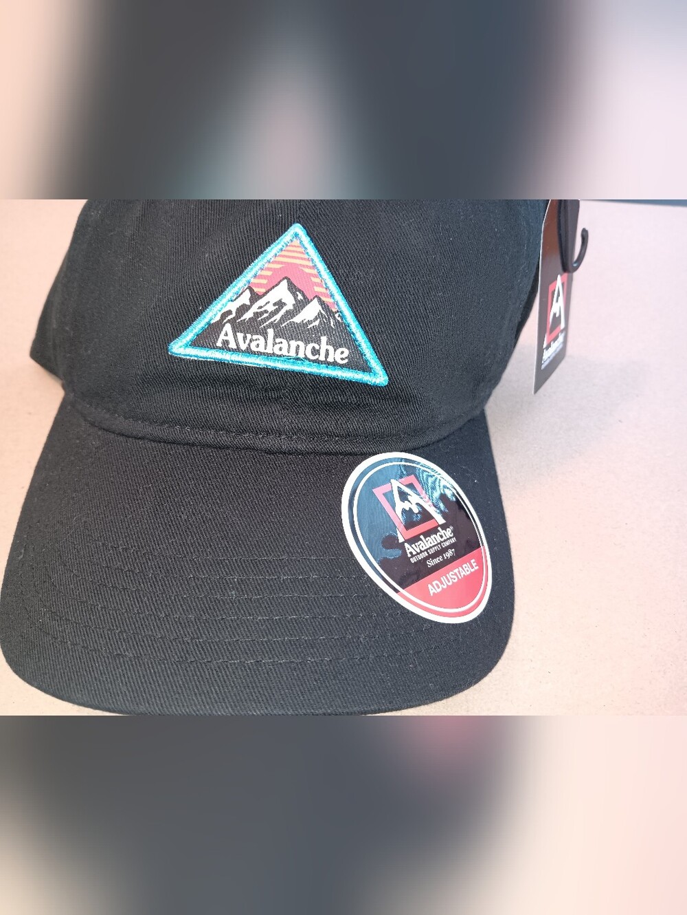 Avalanche Black Cap with Teal-Trim Mountain Patch Adjustable. New.